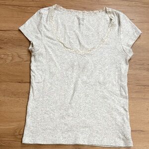 Lace Trim Scoop Neck Women's Top - Grey